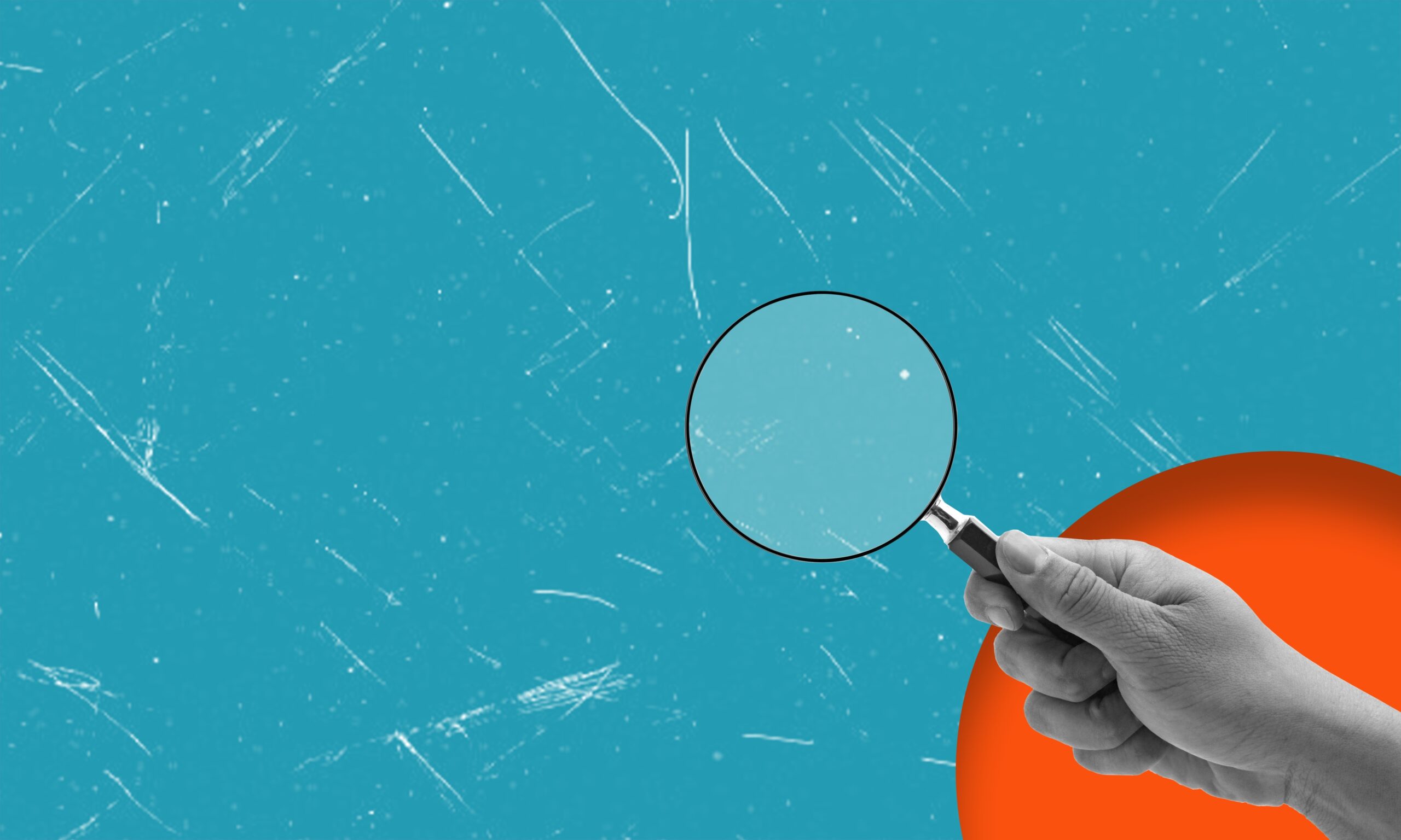 Female,Hand,Holding,A,Magnifying,Glass,On,Blue,Background.,Layout